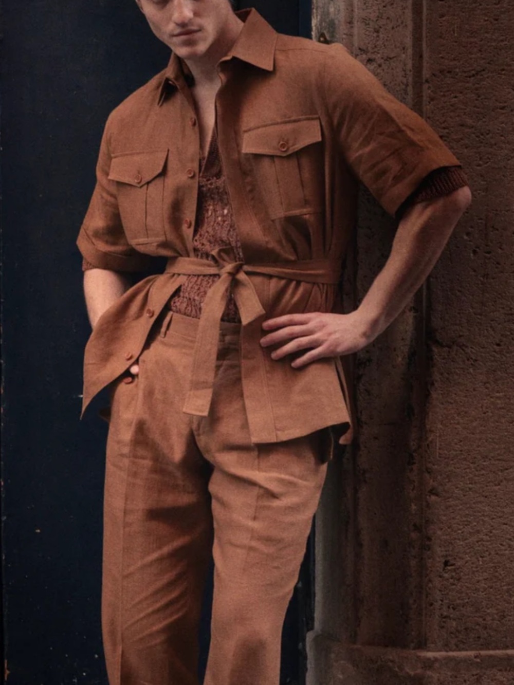 Giuliva Heritage John Linen Jacket Belted Safari Shirt Tobacco IT 48 Men’s M - Picture 2 of 7